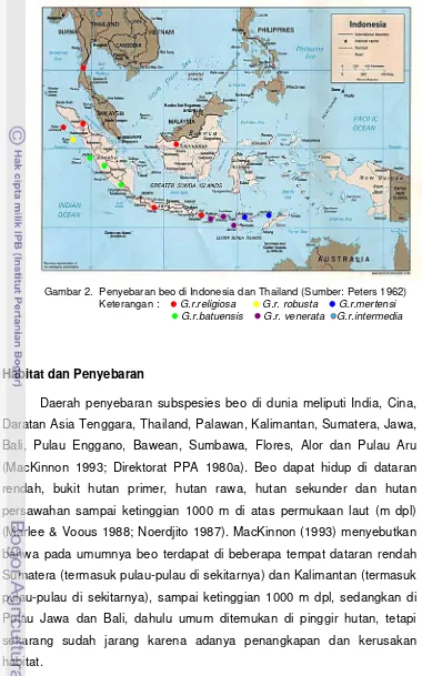 Gambar 2.  Penyebaran beo di Indonesia dan Thailand (Sumber: Peters 1962) 