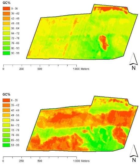 Figure 6. GGC% maps for winter wheat derived from RapidEye imagery acquired on 7th of May 2011 (top) and on 27th of June 2011 (bottom)