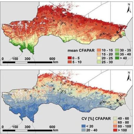 Figure 4. Mean CFAPAR (top) and CV of CFAPAR (bottom) for the period 1998–2012. White areas reflect non-vegetated areas (for a definition see 2.3.2) 