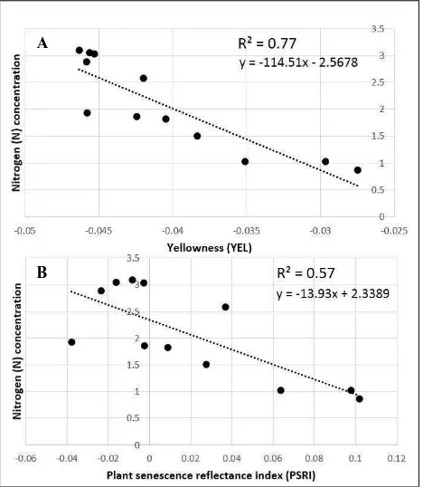 Figure 4. Linear regression of YEL (A) and PSRI (B) to N measurements at sample site U1.1