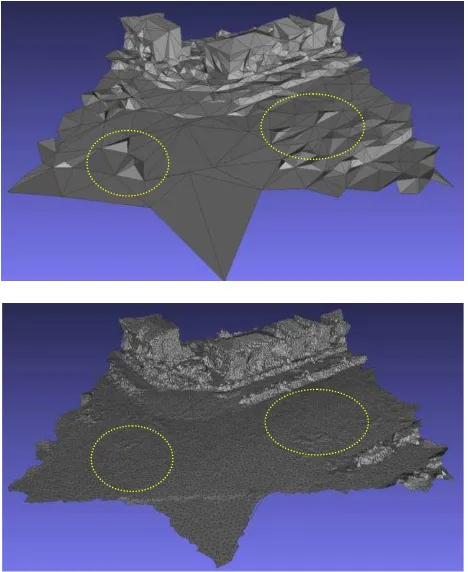 Figure 5. Original 3D TIN generated from aerial imagery (top)  & final 3D TIN after data fusion (bottom) 