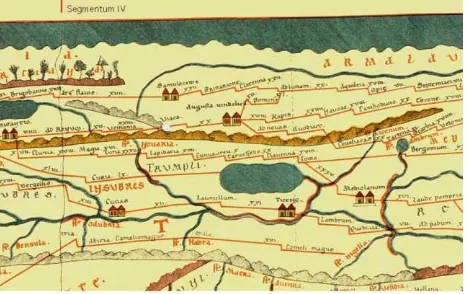 Figure 1. Detail of the Peutinger Map, in which Via Regina is represented as a stepped red line North of the lake  