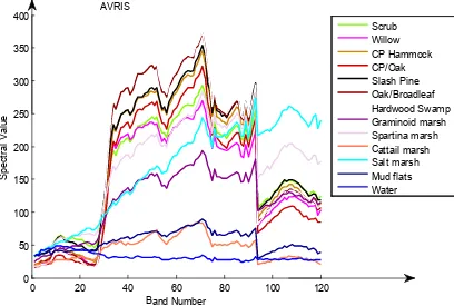 Fig.3 The spectral curves of object categories feature of AVIRIS data