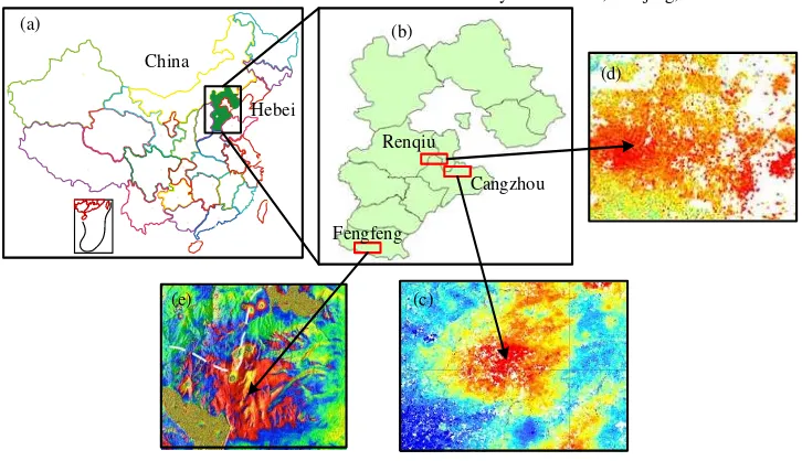 Figure 1. (a) Vicinity map of Hebei Province within China; (b) Vicinity map of the Changzhou, Fengfeng, and Renqiu 