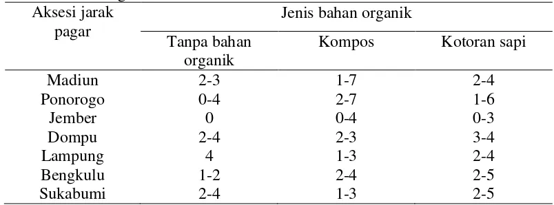 Tabel 4  Kisaran jumlah cabang 7 aksesi jarak pagar umur 8 BST yang diberikan bahan organik 
