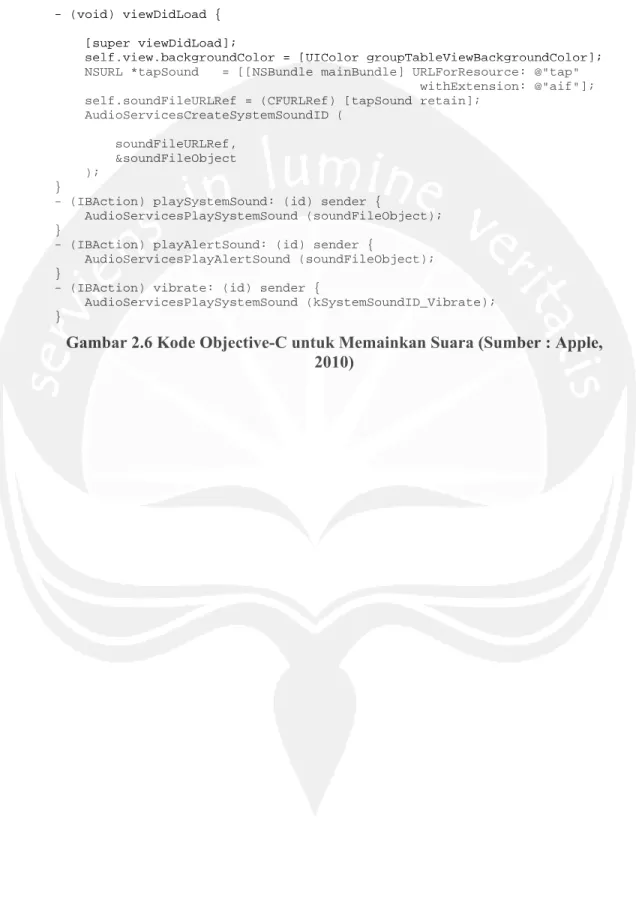 Gambar 2.6 Kode Objective-C untuk Memainkan Suara (Sumber : Apple,  2010) 
