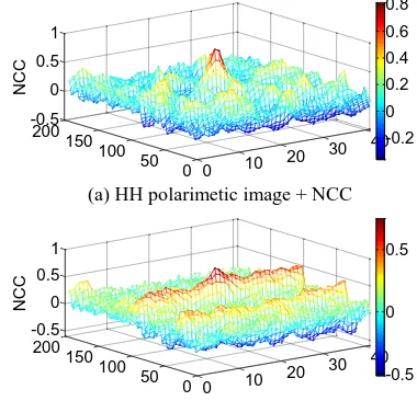 Figure 5 illustrates the curved surface of correlation coefficients between point A in figure 3 and points in rectangle of figure 4 with primary and logarithmically transformed HH polarimetric images respectively