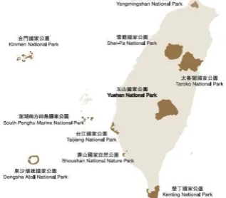Figure 1. The distribution of nine national parks in Taiwan 