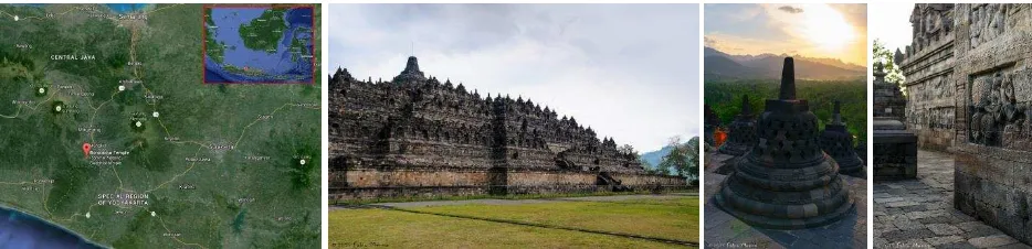 Figure 1: The geographic location of the Borobudur UNESCO site (left) and some images of the temple with its stupa and bas-reliefs