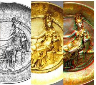 Figure 1.  Sample showing the advantage of 3D photographs in comparison to a drawing and to a 2D photograph (object: Athena show-piece of the famous Hildesheim Treasure) 