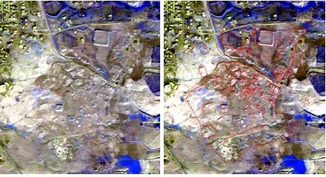Figure 12 a,b Makhmúr alFORMOSAT-2 images (acquired on 2 11. 2014) with an overlaid objects of interest on the left picture  -Qadima - a RGB synthesis of the  