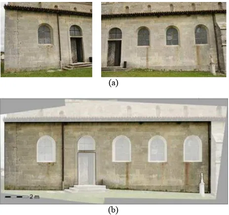 Figure 6. Projective rectification: (a) photographs;  (b) mosaic of orthoimages 