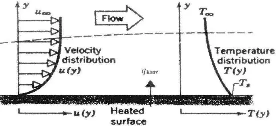 Gambar 2.6 Perpindahan panas konveksi dari permukaan media padat ke fluida yang mengalir 