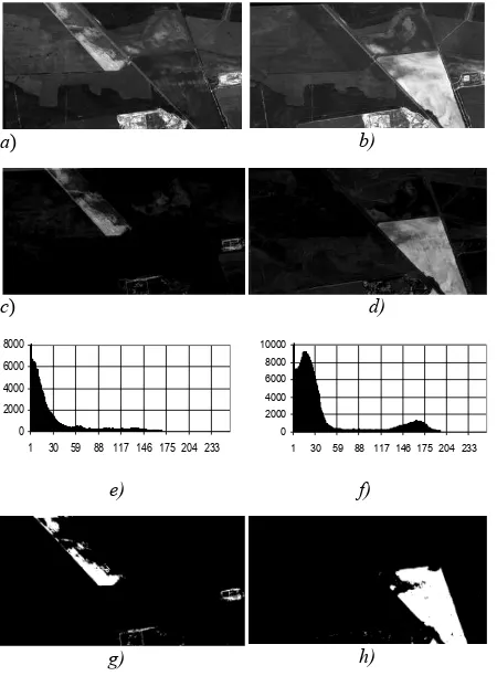Figure 5 - Segmentation of changes: achanges, ) and b) fragments of multitemporal images, c), d) complementary pair of image e), f) their histograms, g), h) segmentation of changes with thresholds  ΔL=90Пg  and ΔL=120Пd 