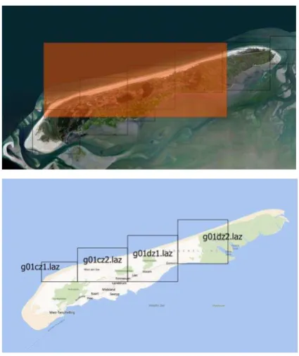 Figure 5: Example result of a spatial query visualized using QGIS. In the top image the red box represents the search polygon