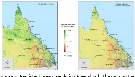 Figure 3. Persistent green trends in Queensland. The map on the left shows the trend in persistent green vegetation over the Landsat time-series (~28 years)
