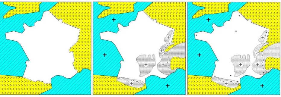Figure 3. Example of three raised-line maps edited with the Open Street Map editor. The map on the left show the base map that  has been used to create the two others maps by adding the ocean, sea and mountains (in the middle) and the main cities of France 