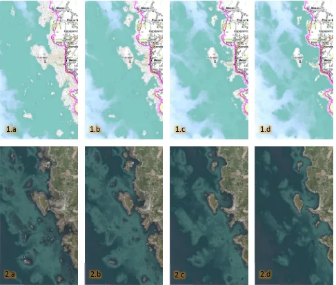 Figure 8. Evolution of the sea/land interface and the water depth at different water elevations/time of the day 05/28/2009 (see Figure 3) for application (1) and (2): (a) 1.4 meters, 14h00 (b) 3 meters, 15h30 (c) 5 meters, 16h45 and (d) 7 meters, 19h00 