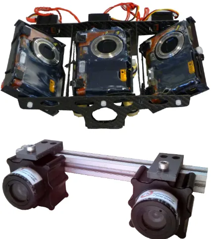 Figure 3: The developped payloads. Top: the tri-camera sen-sor, used on the Faucon Noir UAV