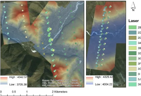 Figure 2. Study area with digital elevation models derived by UAV data (blue-red), geolocations of GLAS footprints and the corresponding laser campaign (2A – 3K) (Background image source: ESRI, i-cubed, USGS, AEX, GeoEye, Getmapping, Aerogrid, IGN, IGP, an