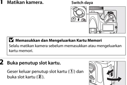 Gambar disimpan di kartu memori (dijual terpisah; 0 434).  Kamera dilengkapi dengan dua slot kartu, satu untuk kartu SD dan  yang lainnya untuk kartu CompactFlash Jenis I