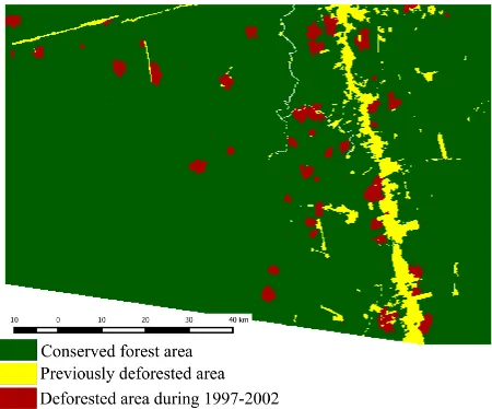 Figure 6: Simulated LUCC map (1997-2002) applying a thresh-old to the probabilities. Previously deforested area refers to forestarea cleared before 1997