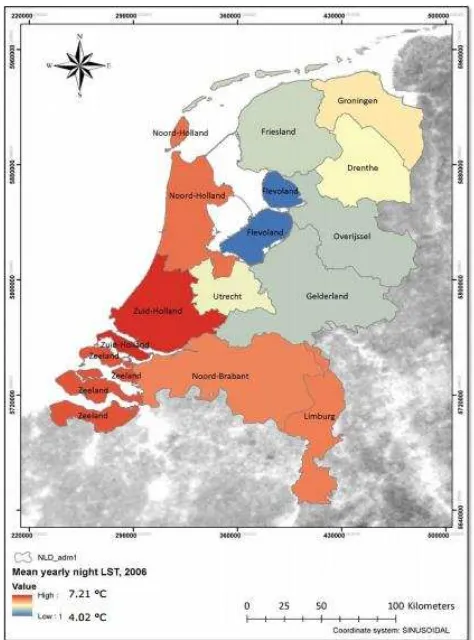 Figure 1. The up-scaled mean yearly night LST mean to the Dutch provinces scale in 2006 year  