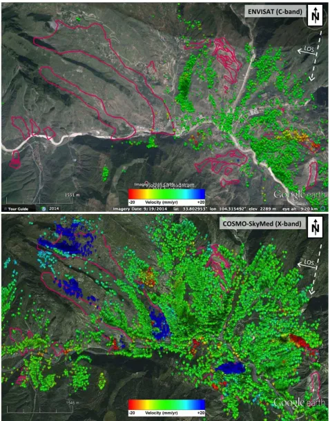 Figure 2. Local scale (~53 km2) overviews of the distribution and average line of sight (LOS) velocity of radar targets in the Zhouqu area, Southern Gansu Mountains, China