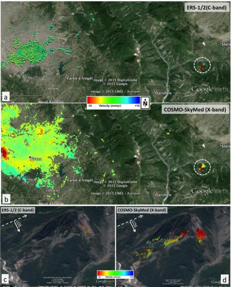 Figure 3. MTI results obtained from ERS and CSK data for the Central Albanian mountains