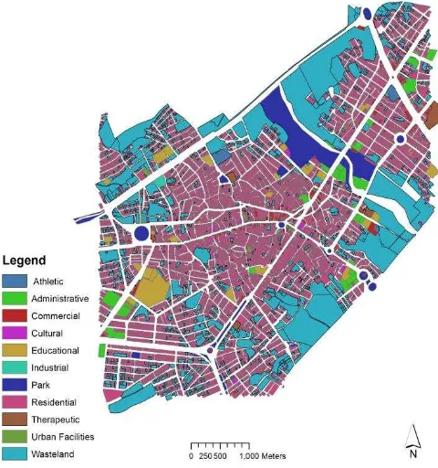 Figure 1. Abhar city map. Different applications show with different colours  