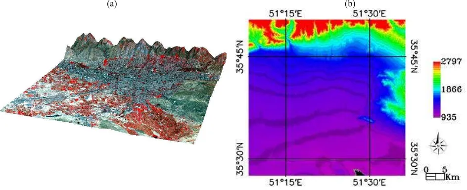 Figure 7, (a) 3-D view of TM false color combination and (b) SRTM Digital Elevation Model of Tehran 