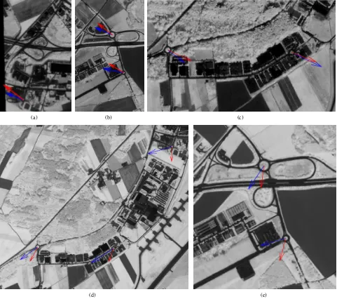 Figure 5: Illustration of the distance between the GCPs and the roundabout centers detected from the optical images (red vectors) andthe distance between the detected roundabout center from the optical image to the roundabout center from the reference data