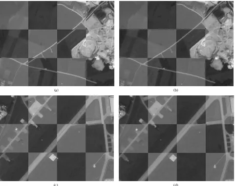 Figure 6: Chessboard overlays of overlap areas of the two QuickBird images. Figure (a) and (c) before, and (b) and (d) after the imagetransformation.