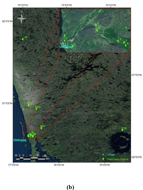 Figure 1: Map of: (a) Nunavik general land cover and location of the main villages. (b) Soil data sensors location in Umiujaq, Nunavik, Quebec