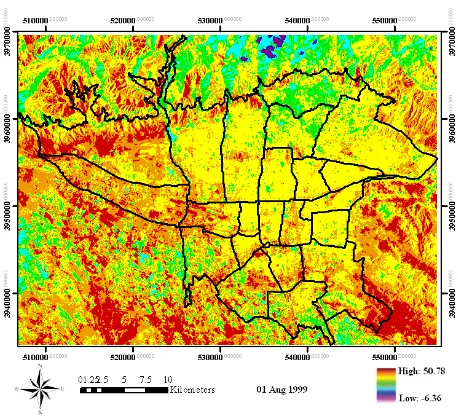 Figure 4. The map of Spatial Distribution Changes LST of the Tehran metropolis (1 August 1999) 