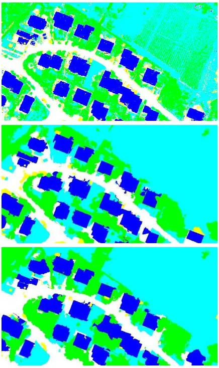 Figure 6. Pixel-based map (top), ESP object-based map (middle) and object-based map of proposed method (bottom) 