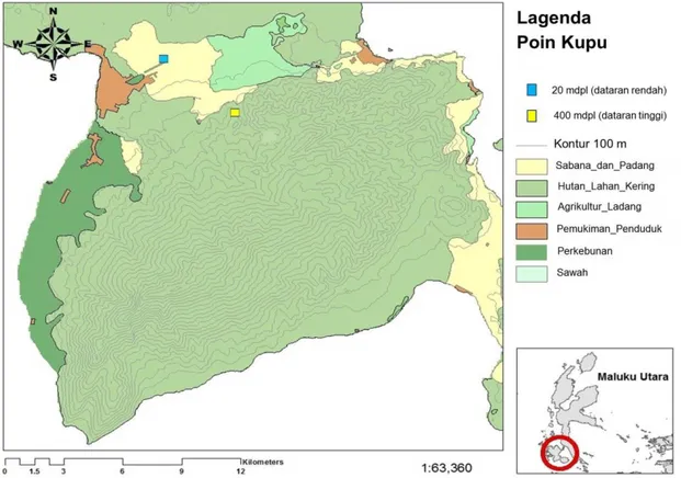 Gambar 1.  Peta Lokasi Penelitian di Kawasan Cagar Alam Gunung Sibela Pulau Bacan Halmahera Selatan 