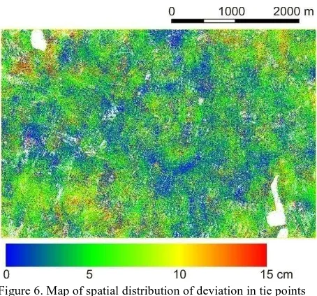 Figure 6. Map of spatial distribution of deviation in tie points height computed with and without nadir images (Katowice 