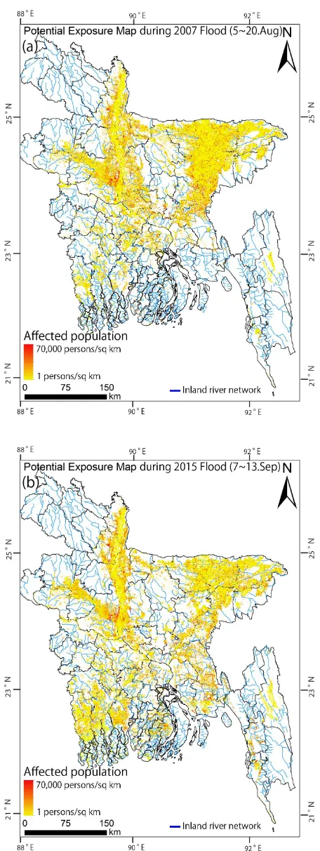 Figure 3. Comparison of maximum potential affected population  due to maximum flood extent map from MODIS-derived water index during 16 days in (a) 2007 and (b) 2015