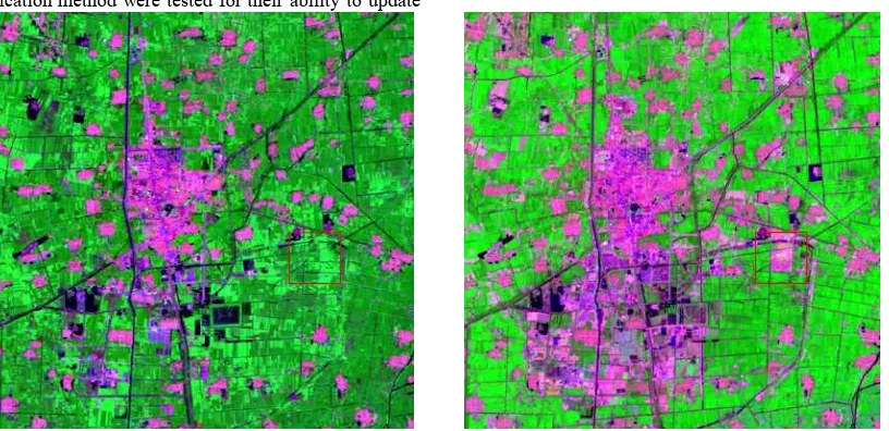 Figure 3. Landsat OLI image of Shandong urban area (band 6, 4 and 2 as R, G and B); left: acquisition in 2010 and right 2013 