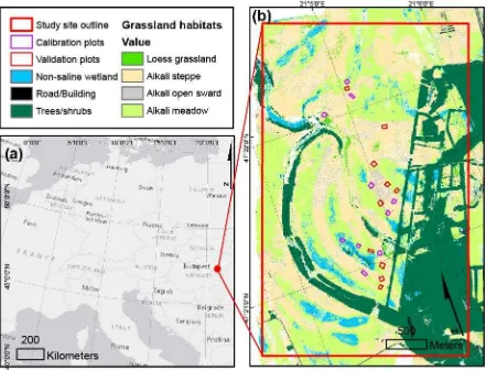 Figure 1. Location of the study site in Central Europe (a), overview of the study site including land cover, main alkali grassland classes and Natura 2000 conservation status reference plots
