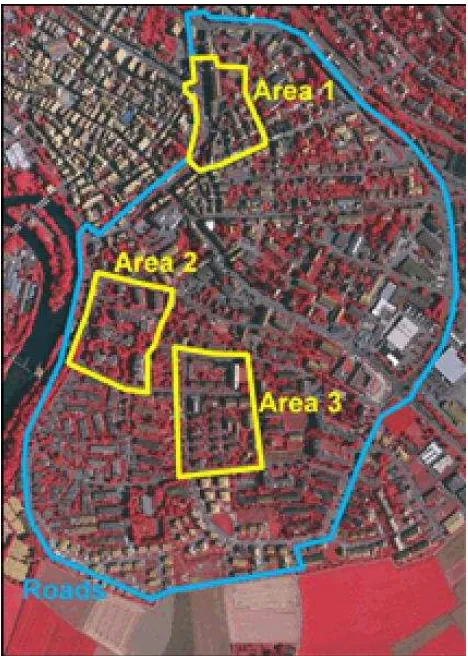 Figure 2. The area studies were highlighted on the aerial image. 