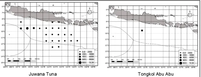 Gambar 7. Sebaran hasil tangkapan (kg) menurut spesies dan daerah penangkapan pancing ulur selama Mei-Agustus 2017.