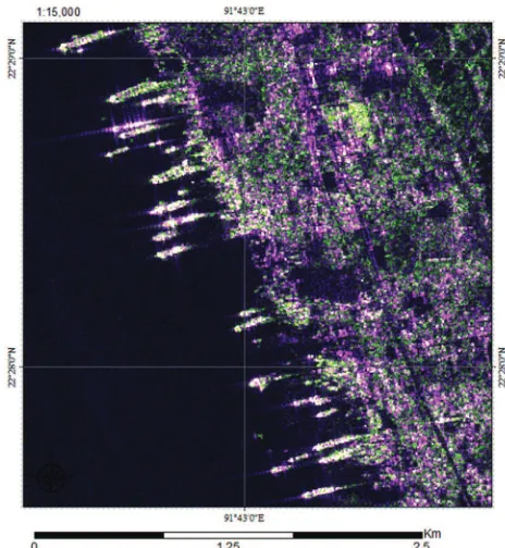 Figure 8. ALOS-2 Strip map mode over the ship breaking yards  of Chittagong on February 20, 2015 around acquisition time (23:54, Local Time) at 1:15,000 scale