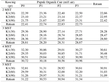 Tabel 1. Rataan tinggi tanaman pada pemberian kascing dan pupuk organik cair    pada umur 2, 3, 4 dan 5 MST (cm) 