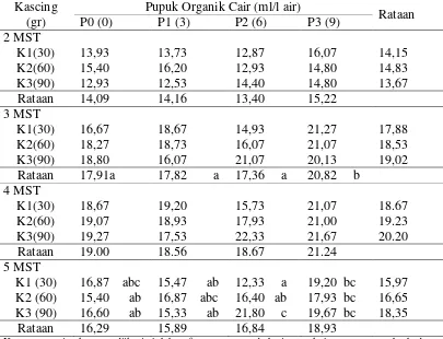 Tabel 2. Rataan jumlah daun per rumpun pada pemberian kascing dan pupuk     organik cair pada umur 2, 3, 4 dan 5 MST (helai) 