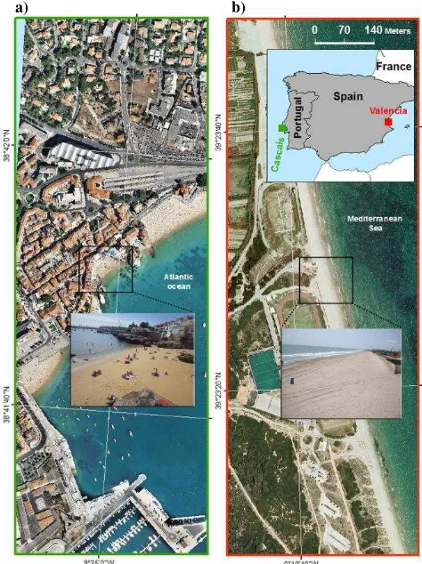 Figure 1. Cartography of the evaluation coastal areas. Both sites are marked in the location map (up to the right) by a green and red rectangle respectively in a) and b)