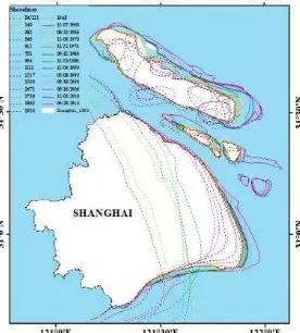 Figure 3. The twenty-seven period Shanghai shorelines over the  past 2,200 years generated from historical atlas (from BC221 to 1948) and remote sensing images (from 1960 to 2015) 