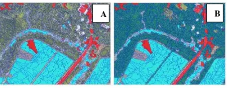 Figure 3.  Orthophotographs before (A) and after (B) multi-resolution segmentation. Flat Surfaces classification using assign class algorithm with mean Slope maximum and minimum threshold values of 10 (C) and then 100 (D)