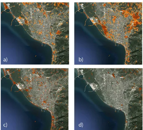 Figure 3. Changes of the urban areas through time in the city of  Vlora. The Figure presents changes in the periods of 1984-1990 (a), 1991-2000 (b), 2001-2010 (c) and 2011-2015 (d)
